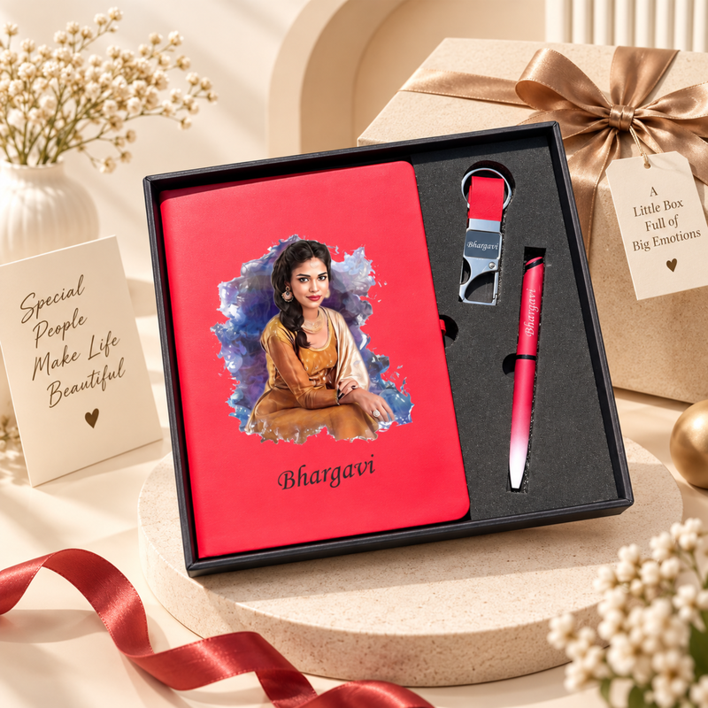Personalized Artistic 3 In 1 Combo Gift Set | Custom A5 Diary with Pen & Keychain | Premium Corporate Gift Set for Men & Women