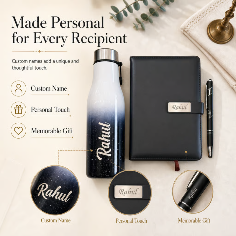 Personalized Glidder 3 in 1 Gift Set | Custom Name Bottle Diary & Pen Combo | Corporate Birthday Office Gifting Set