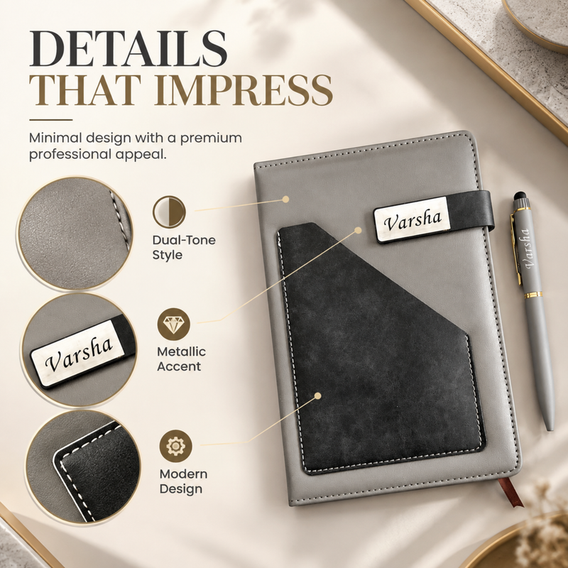 Terra Luxe Personalised Diary Pen Set | Premium Leather Finish Diary with Custom Name Plate & Matching Pen | Elegant Office Stationery Gift Set
