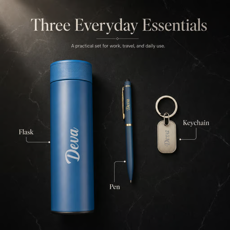 Personalized Grippo 3 in 1 Gift Set | Custom Name Flask Pen & Keychain Combo | Corporate Birthday Office Gifting Set