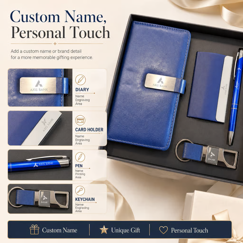 Personalized Tesla 4 in 1 Gift Set | Custom Name Pocket Diary Pen Card Holder & Keychain Combo | Corporate Birthday Office Gifting Set