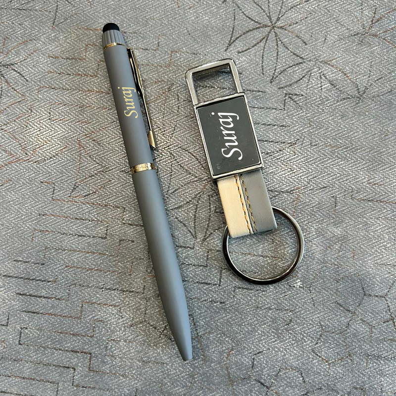 Personalised Dual Tone Pen & Keychain Set | Stylish Pen with Matching Dual Tone Keychain | 2-Piece Gift Set for Men & Women