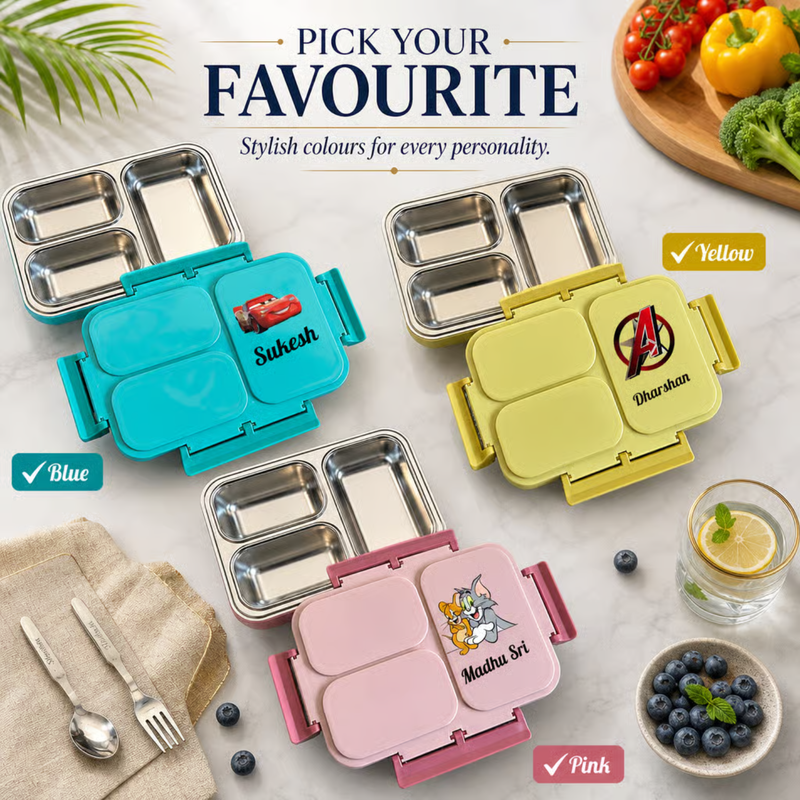 Personalized Bento 3 Partition Lunch Box | Stainless Steel Inner Lunch Container with Fork & Spoon | Custom Name Lunch Box for Kids, Adults, Office, School & Travel
