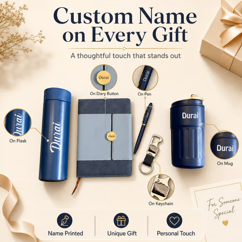 Personalized Calista 5 in 1 Gift Set | Custom Name Flask Diary Travel Mug Pen & Keychain Combo | Corporate Birthday Office Gifting Set