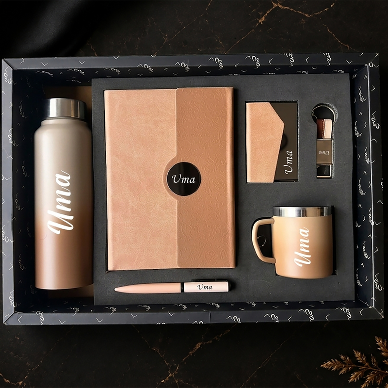 Personalized Dual Tone 6 in 1 Gift Set | Custom Name Diary Bottle Pen Keychain Card Holder & Mug Combo | Corporate Birthday Office Gifting Set