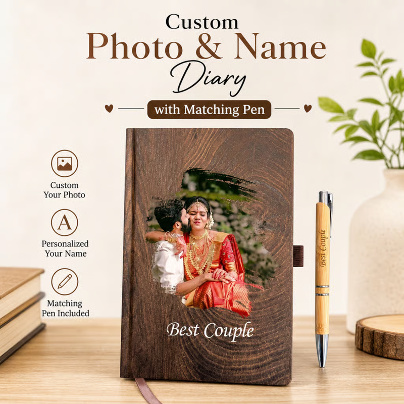 Brush Effect Sketch Personalised Diary Pen Set | Custom Photo & Name Diary with Matching Pen | Unique Gift for Couples Friends Professionals Birthday Anniversary