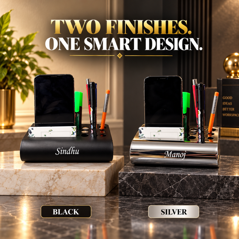 Personalised Multiple Desk Organiser | Premium Metal Stationery Holder with Mobile Stand