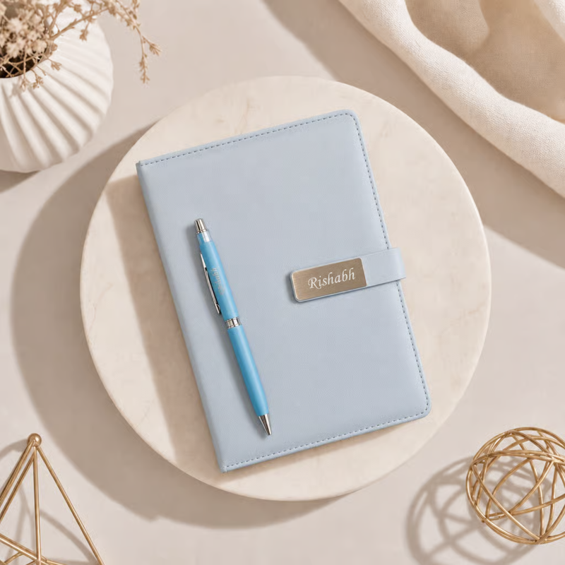 Vega Personalised Diary Pen Set | Premium Leather Finish Diary with Custom Name Printing & Matching Pen | Luxury Office Stationery Gift Set for Professionals