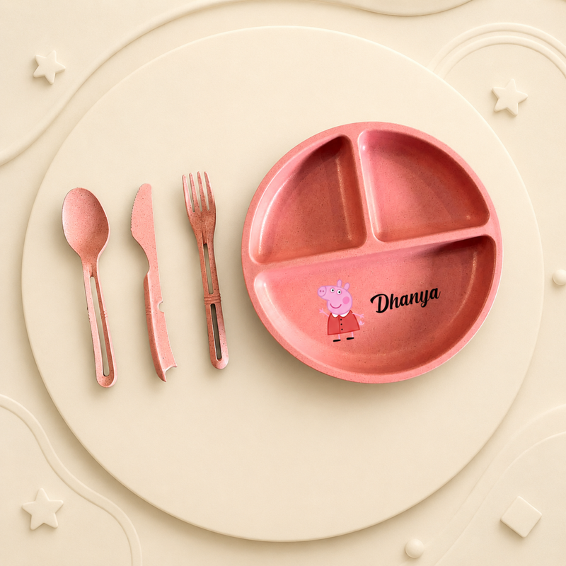 Personalized Eco-Friendly 4 Piece Dinner Set | Custom Name Compartment Plate Fork Spoon & Knife | Kids Dining & Gifting Set