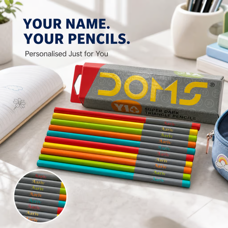Personalized Pencil Set | 10 Pencils with Sharpener & Eraser | DOMS Zillion, DOMS Superio, Apsara Matt Magic 2.0 & DOMS Y1 Variants