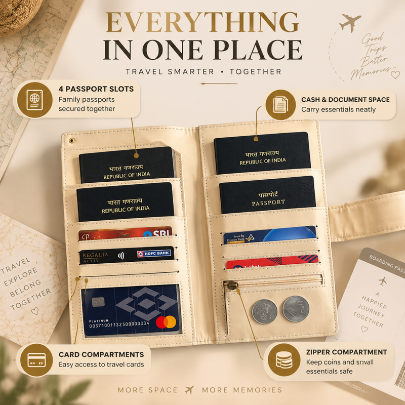 Family Passport Cover | Premium Travel Organizer Wallet for 4 Passports | Holds Cash Boarding Pass Cards & Travel Essentials | Personalized Passport Holder for Family Trips