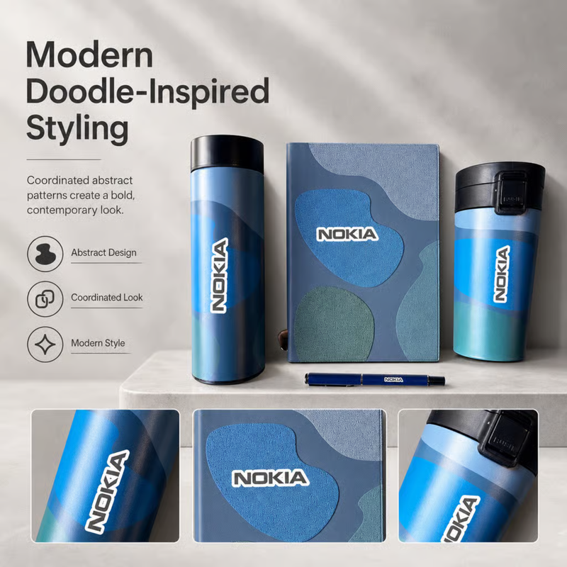 Personalized Doodle 4 in 1 Gift Set | Custom Name Diary Flask Travel Mug & Pen Combo | Corporate Birthday Office Gifting Set