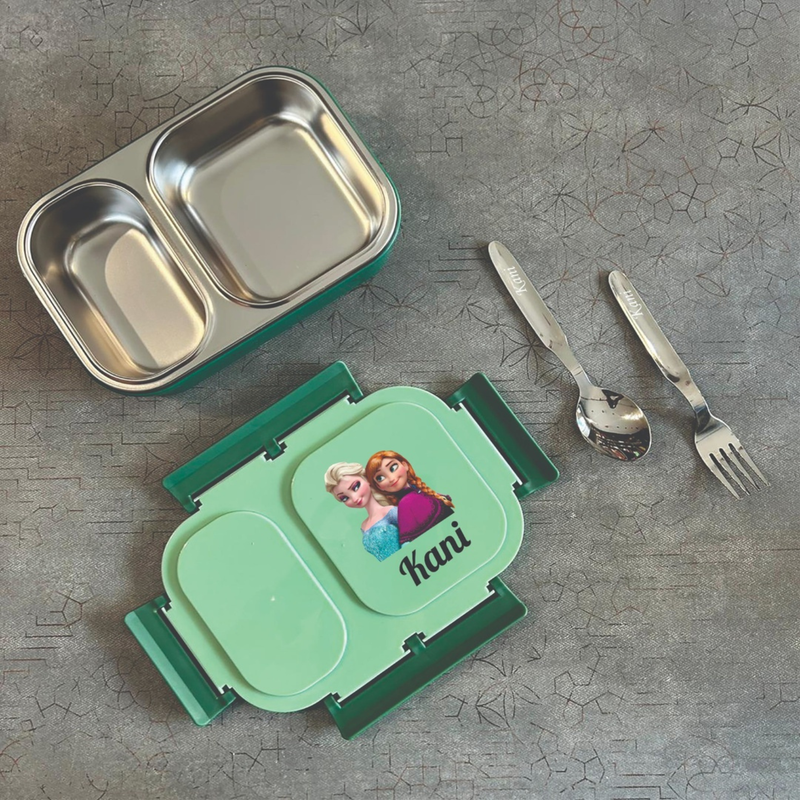 Personalized Lunch Box for Kids | 2 Partition & 3 Partition Stainless Steel Lunch Box with Fork & Spoon | Custom Cartoon Design
