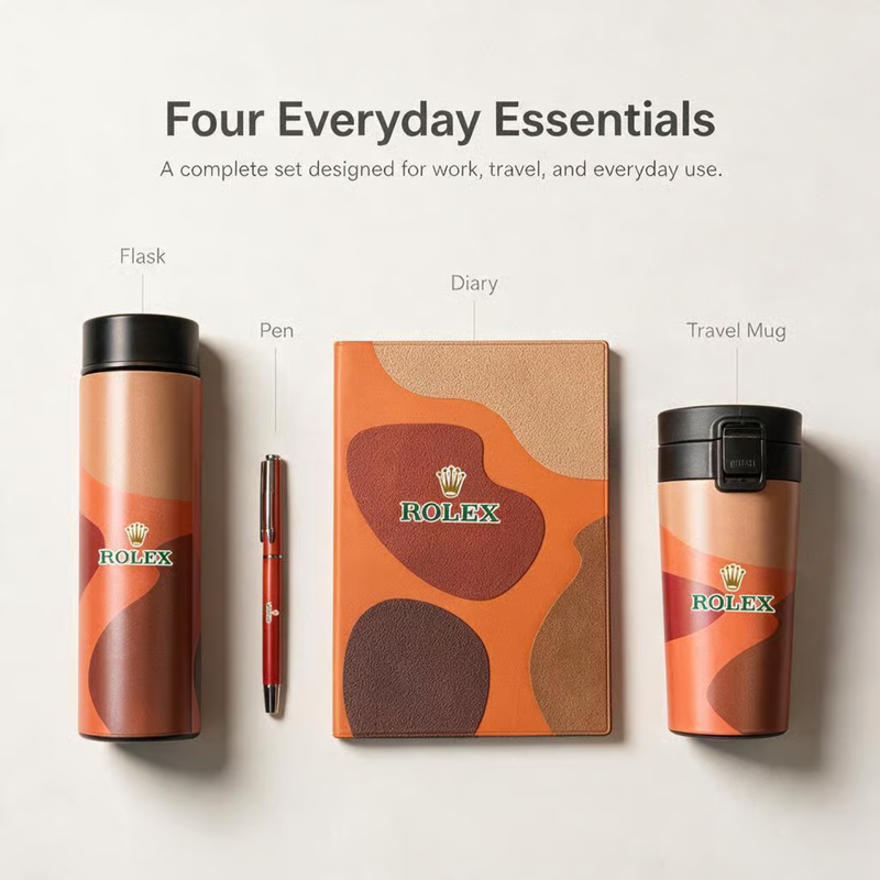 Personalized Doodle 4 in 1 Gift Set | Custom Name Diary Flask Travel Mug & Pen Combo | Corporate Birthday Office Gifting Set