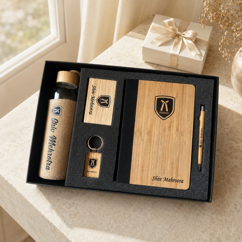 Personalized Prima Bamboo 5 in 1 Gift Set | Custom Name Diary Bottle Pen Keychain & Card Holder Combo | Corporate Office Gifting Set