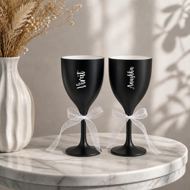 Personalized Wine Glass Set of 2 | 300 ml Premium Unbreakable Wine Glasses with Custom Name Printing | Matte Finish Champagne Goblets for Wedding, Anniversary, Couple, Birthday & Gift | Gift Box Available