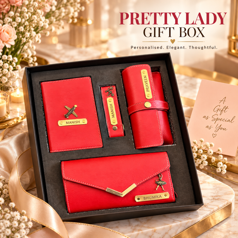 Personalised Pretty Lady Gift Box | Premium Women Gift Set with Wallet, Passport Cover, Eyewear Case & Keychain