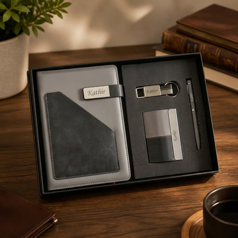 Personalized Ivory 4 in 1 Gift Set | Custom Name Diary Pen Keychain & Card Holder Combo | Corporate Birthday Office Gifting Set