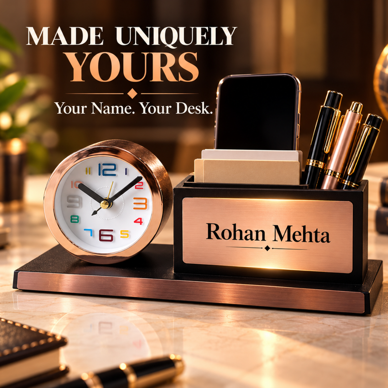 Personalised Rose Gold Pen Stand with Mini Clock | Premium Desk Organizer with Mobile Holder | Office Table Accessory Gift