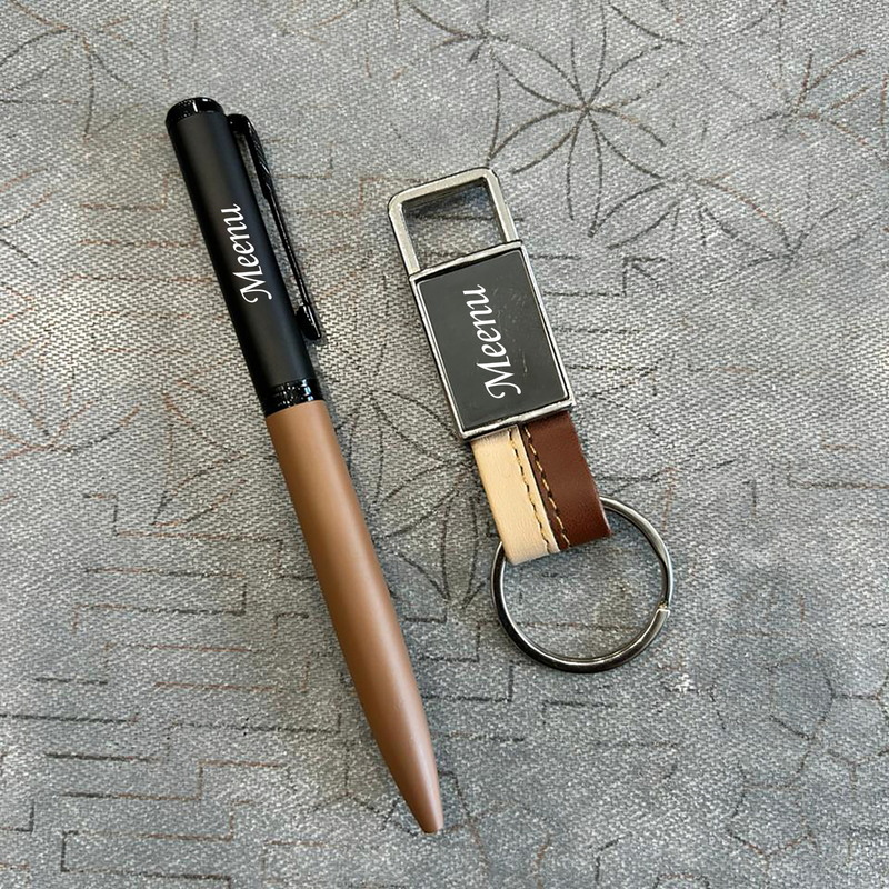 Personalised Dual Tone Pen & Keychain Set | Stylish Pen with Matching Dual Tone Keychain | 2-Piece Gift Set for Men & Women
