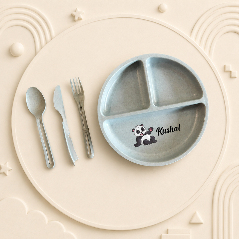 Personalized Eco-Friendly 4 Piece Dinner Set | Custom Name Compartment Plate Fork Spoon & Knife | Kids Dining & Gifting Set