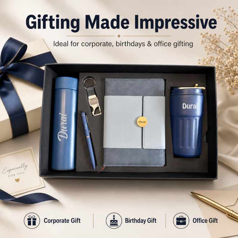 Personalized Calista 5 in 1 Gift Set | Custom Name Flask Diary Travel Mug Pen & Keychain Combo | Corporate Birthday Office Gifting Set