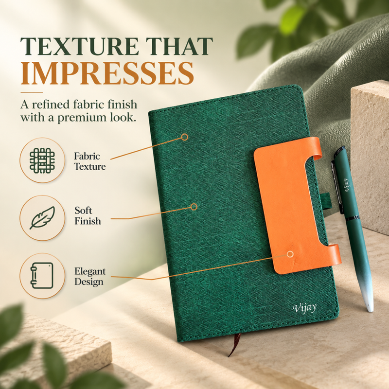 Glide Personalised Diary Pen Set | Premium Fabric Finish Diary with Custom Name & Matching Pen | Stylish Office Stationery Gift Set for Students Professionals