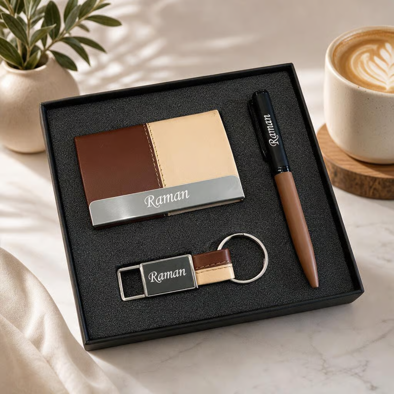 Personalized Dual Tone 3 in 1 Gift Set | Custom Name Card Holder Pen & Keychain Combo | Corporate Birthday Office Gifting Set