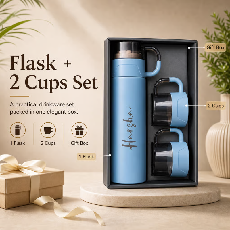 Personalized Alexa Flask with 2 Cups | Custom Name Printed Flask & Cup Gift Set | Travel Drinkware Set for Office Home Gifting