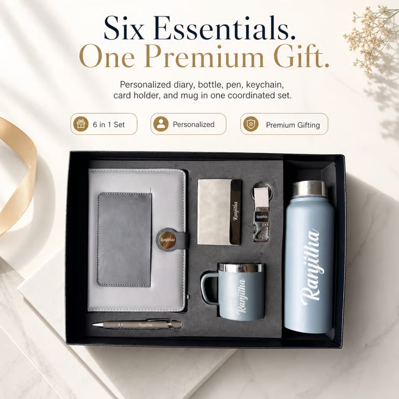 Personalized Mercury 6 in 1 Gift Set | Custom Name Diary Bottle Pen Keychain Card Holder & Mug Combo | Corporate Birthday Office Gifting Set