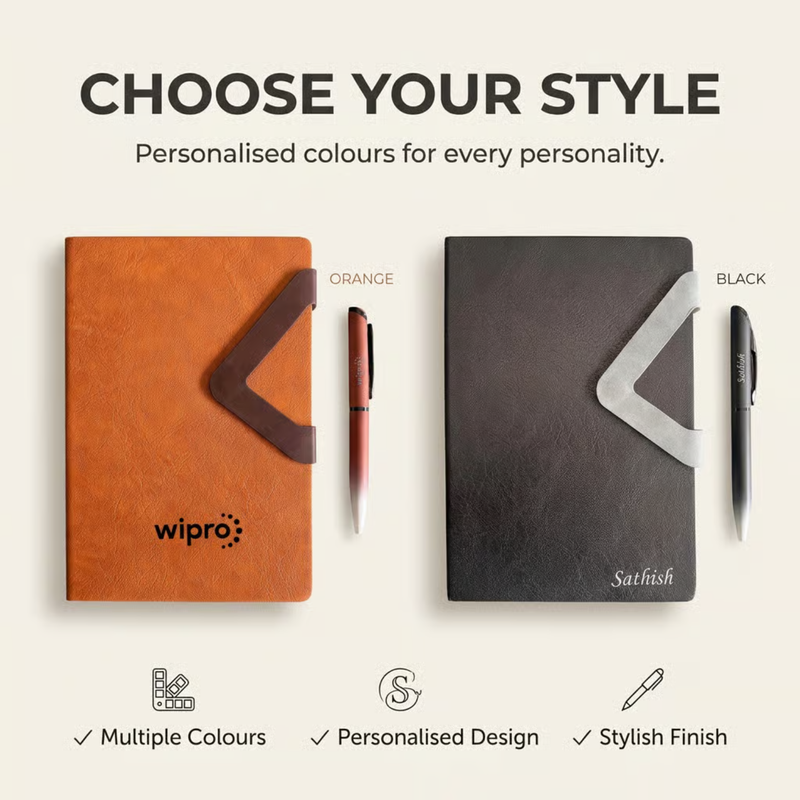 Volas Personalised Diary Pen Set | Premium Leather Finish Diary with Custom Name Printing & Matching Pen | Elegant Office Stationery Gift Set for Professionals