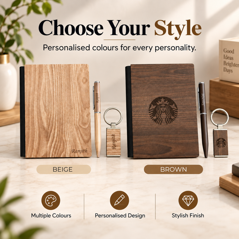 Embassy Gift Set | A5 Wooden Finish Diary with Premium Pen & Personalized Keychain | Luxury Corporate Gift Set for Office Professionals & Special Occasions