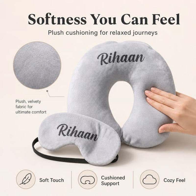 Personalized Travel Pillow & Eye Mask Set | Custom Name Printed Neck Pillow with Matching Sleep Mask | Soft Travel Comfort Set for Flights Car Train & Gifting