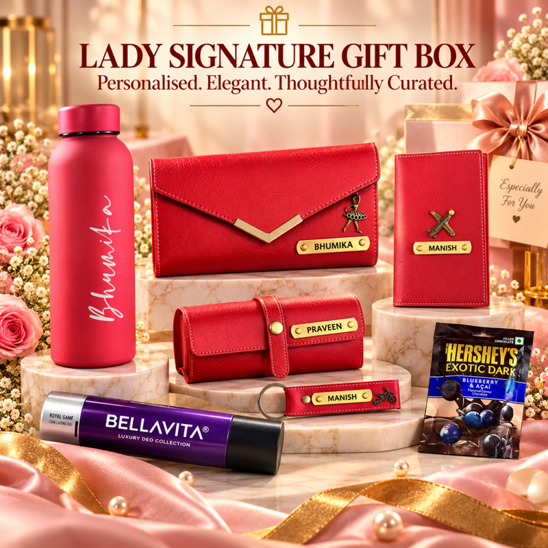 Personalised Lady Signature Gift Box | Premium Women Gift Hamper with Flask, Wallet, Passport Cover, Perfume & Chocolate