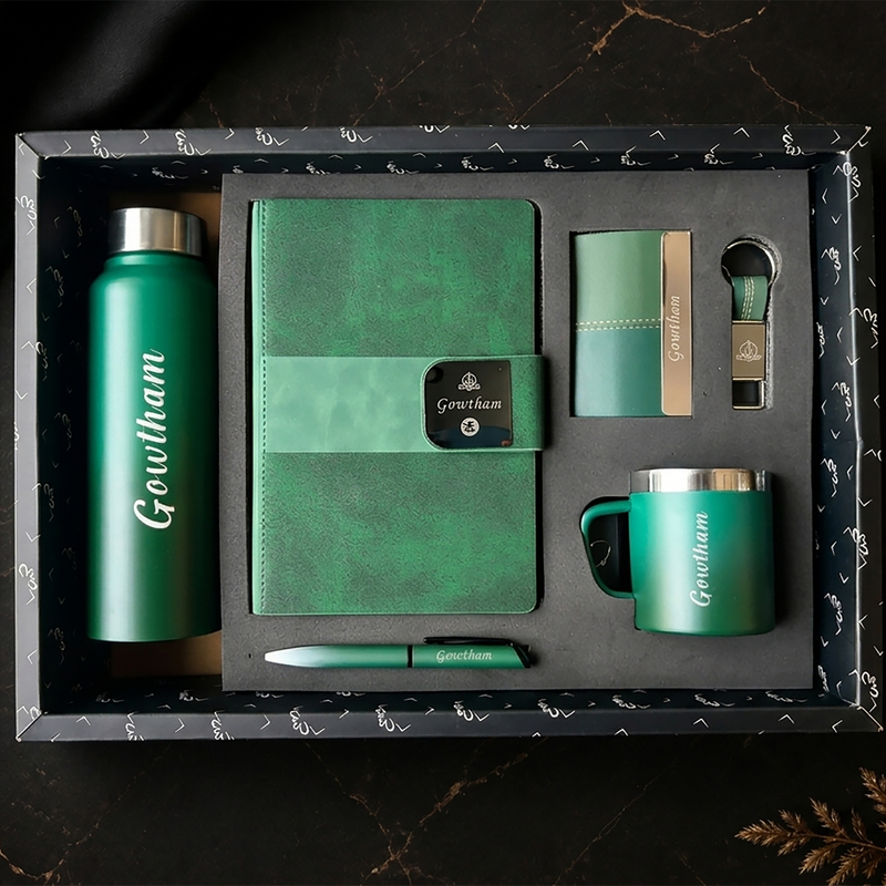 Personalized Dual Tone 6 in 1 Gift Set | Custom Name Diary Bottle Pen Keychain Card Holder & Mug Combo | Corporate Birthday Office Gifting Set