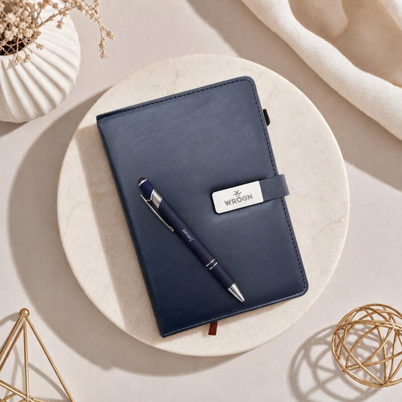 Vega Personalised Diary Pen Set | Premium Leather Finish Diary with Custom Name Printing & Matching Pen | Luxury Office Stationery Gift Set for Professionals