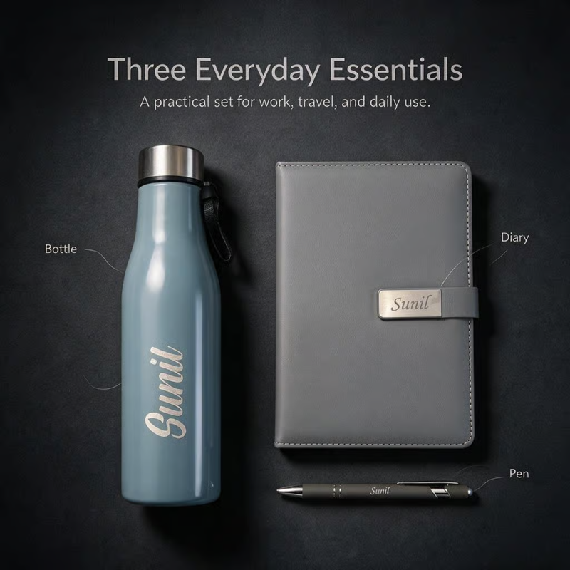 Personalized Glidder 3 in 1 Gift Set | Custom Name Bottle Diary & Pen Combo | Corporate Birthday Office Gifting Set