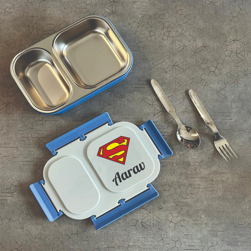 Personalized Lunch Box for Kids | 2 Partition & 3 Partition Stainless Steel Lunch Box with Fork & Spoon | Custom Cartoon Design