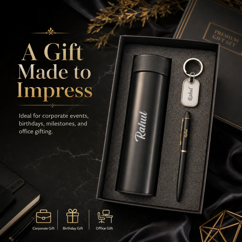 Personalized Grippo 3 in 1 Gift Set | Custom Name Flask Pen & Keychain Combo | Corporate Birthday Office Gifting Set