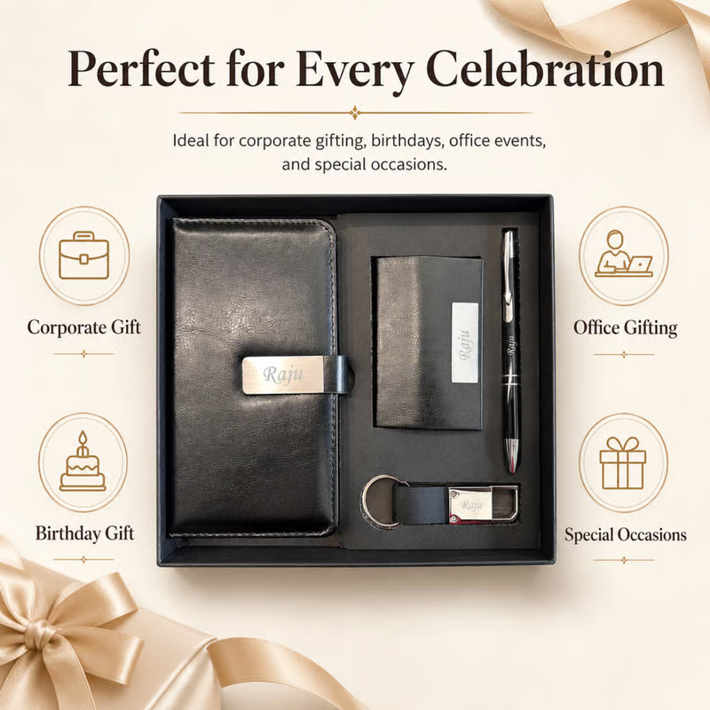 Personalized Tesla 4 in 1 Gift Set | Custom Name Pocket Diary Pen Card Holder & Keychain Combo | Corporate Birthday Office Gifting Set
