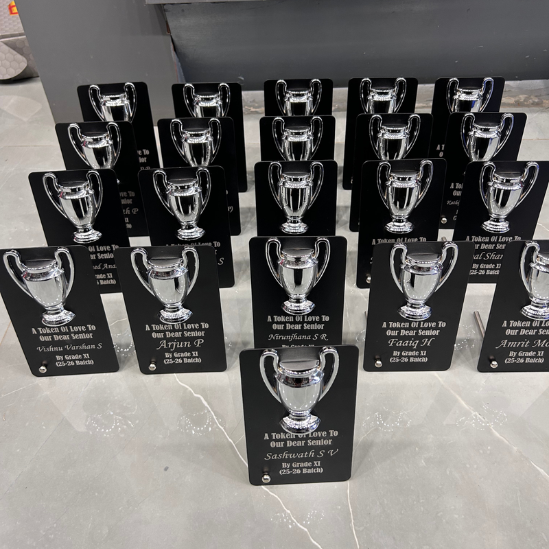 Customised Premium Trophy Table Top Gift with Gold & Silver Cup Design | Personalized Acrylic Award Plaque for Teachers, Seniors, Students, Champions, Farewell & Appreciation Gifts