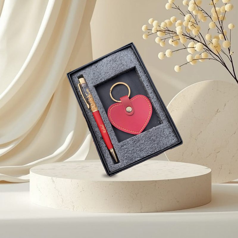 Personalised Heart Shape Keychain & Gold Flake Pen Set | Stylish Pen with Heart Keychain | 2-Piece Gift Set for Men & Women