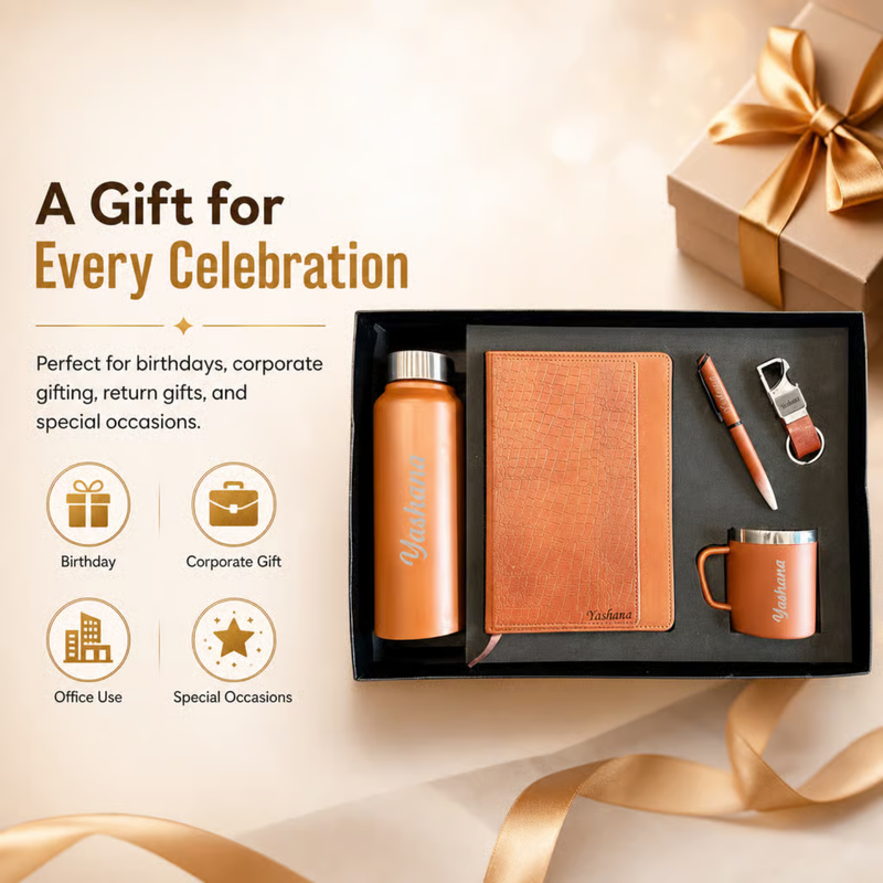 Personalized 5 in 1 Gift Set | Custom Name Diary Bottle Pen Keychain & Cup Combo | Gift Set for Birthday Corporate Office & Special Occasions