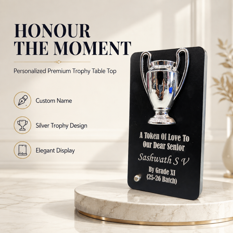Customised Premium Trophy Table Top Gift with Gold & Silver Cup Design | Personalized Acrylic Award Plaque for Teachers, Seniors, Students, Champions, Farewell & Appreciation Gifts