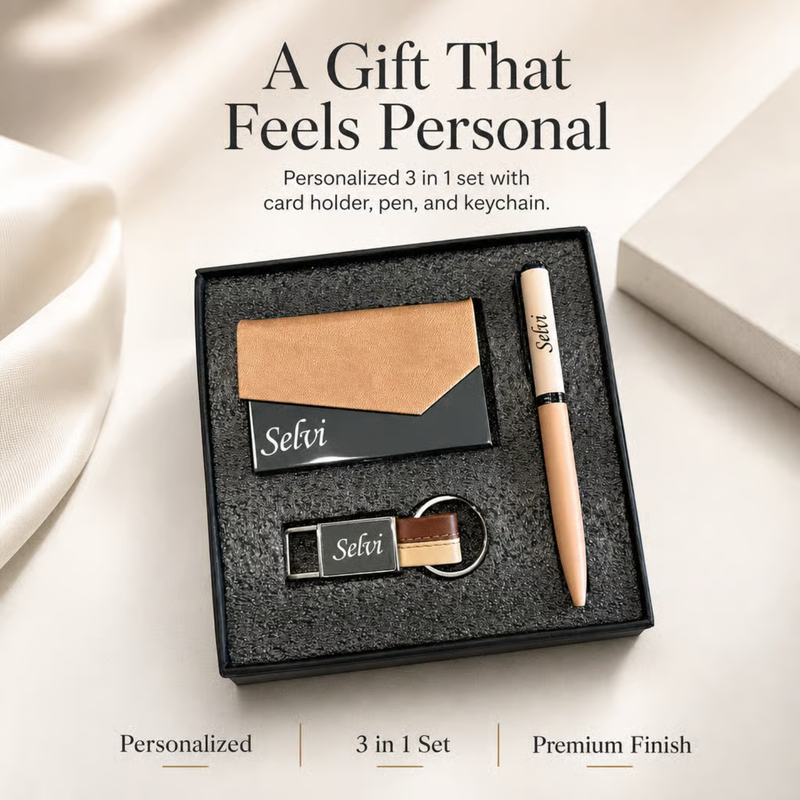 Personalized Dual Tone 3 in 1 Gift Set | Custom Name Card Holder Pen & Keychain Combo | Corporate Birthday Office Gifting Set