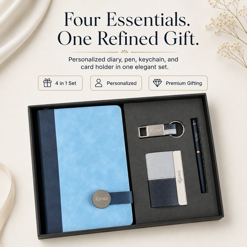 Personalized Ivory 4 in 1 Gift Set | Custom Name Diary Pen Keychain & Card Holder Combo | Corporate Birthday Office Gifting Set