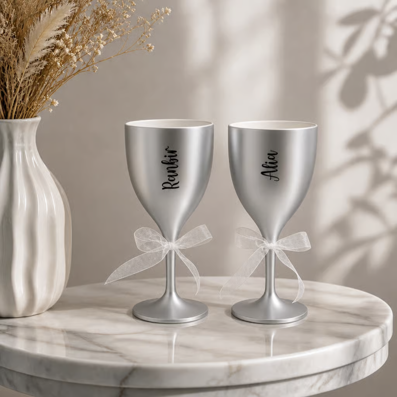 Personalized Wine Glass Set of 2 | 300 ml Premium Unbreakable Wine Glasses with Custom Name Printing | Matte Finish Champagne Goblets for Wedding, Anniversary, Couple, Birthday & Gift | Gift Box Available
