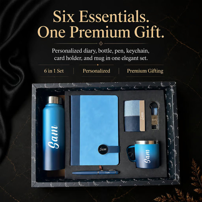 Personalized Dual Tone 6 in 1 Gift Set | Custom Name Diary Bottle Pen Keychain Card Holder & Mug Combo | Corporate Birthday Office Gifting Set