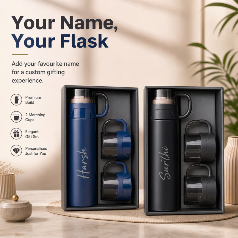 Personalized Alexa Flask with 2 Cups | Custom Name Printed Flask & Cup Gift Set | Travel Drinkware Set for Office Home Gifting