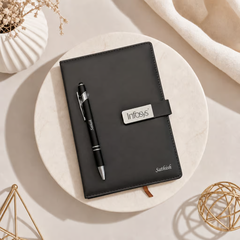 Vega Personalised Diary Pen Set | Premium Leather Finish Diary with Custom Name Printing & Matching Pen | Luxury Office Stationery Gift Set for Professionals